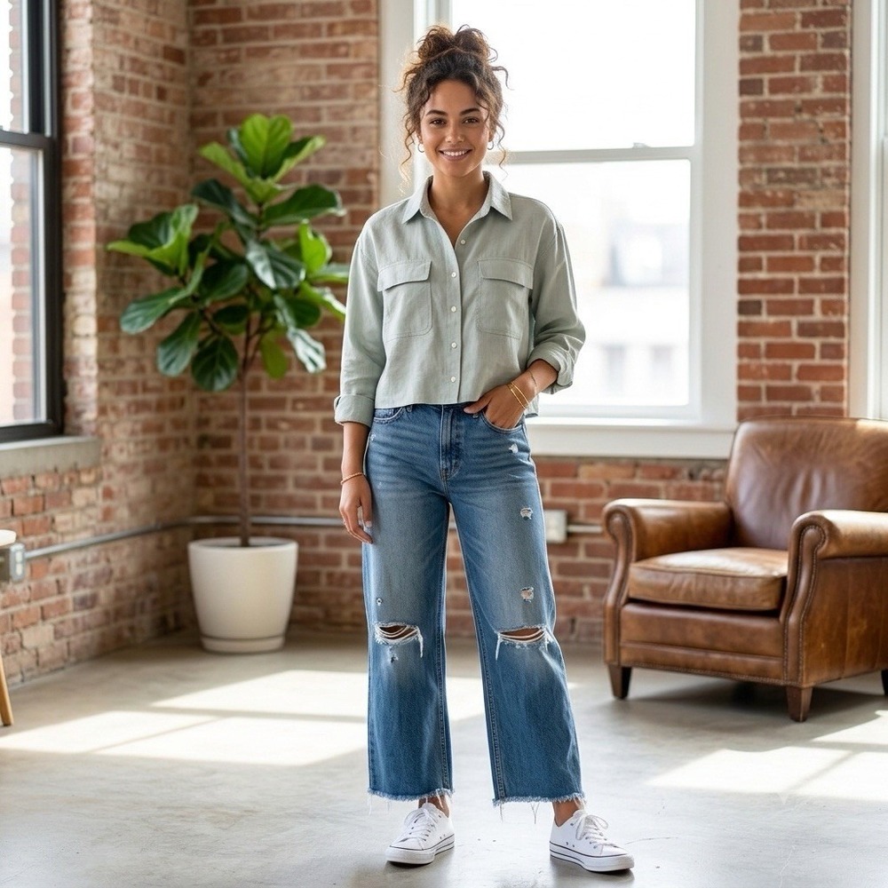 Gap Cropped Shirt L Green Linen Boxy fit‎ Minimalist Beachy Lagenlook Coastal